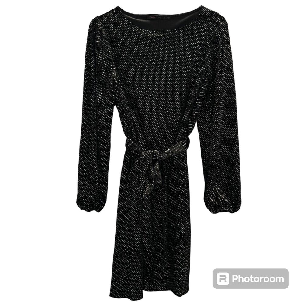 Fraiche by J Long Sleeve Mini Dress Tie Belt Gold Sparkle Party Cocktail Outfit